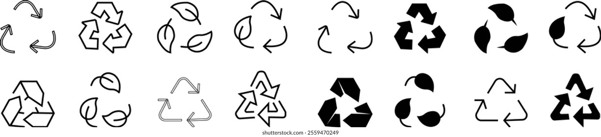 Recycle vector icon set, Rounded angles graphic elements. Recycled signs, Renewable resources. Nature conservation. Duotone pictograms thin linear. Editable stroke, isolated on transparent background.