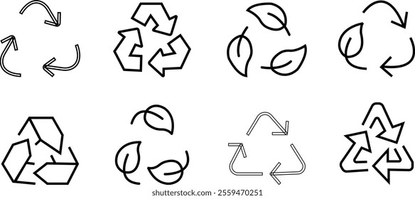 Recycle vector icon set, Rounded angles graphic elements. Recycled signs, Renewable resources. Nature conservation. Duotone pictograms thin linear. Editable stroke, isolated on transparent background.