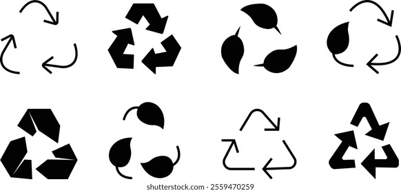 Recycle vector icon set, Rounded angles graphic elements. Recycled signs, Renewable resources. Nature conservation. Duotone pictograms thin linear. Editable stroke, isolated on transparent background.