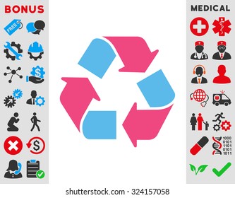 Recycle vector icon. Style is bicolor flat symbol, pink and blue colors, rounded angles, white background.