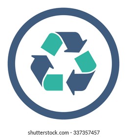 Recycle vector icon. Style is bicolor flat rounded symbol, cobalt and cyan colors, rounded angles, white background.
