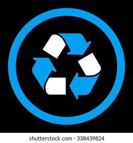 Recycle vector icon. Style is bicolor flat rounded symbol, blue and white colors, rounded angles, black background.