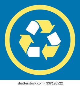 Recycle vector icon. Style is bicolor flat rounded symbol, yellow and white colors, rounded angles, blue background.