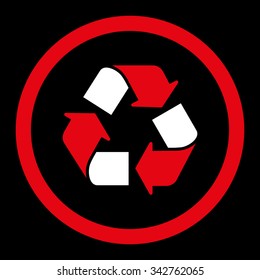 Recycle vector icon. Style is bicolor flat rounded symbol, red and white colors, rounded angles, black background.