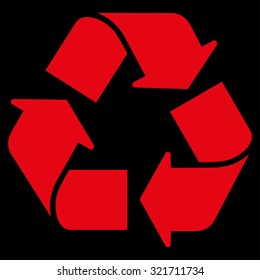 Recycle vector icon. Style is flat symbol, red color, rounded angles, black background.
