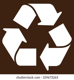 Recycle vector icon. Style is flat symbol, white color, rounded angles, brown background.