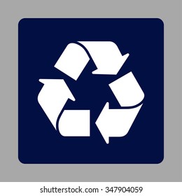 Recycle vector icon. Style is flat rounded square button, white and dark blue colors, silver background.