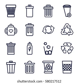 recycle vector icons. Set of 16 recycle outline icons such as trash bin, baby bottle, update