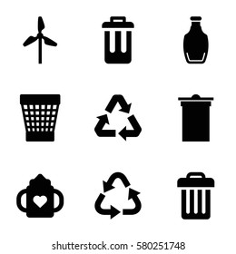 recycle vector icons. Set of 9 recycle filled icons such as baby bottle, trash bin, recycle, bottle, bin
