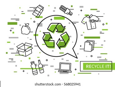 Recycle it vector illustration with colorful elements. Recyclable things: clothes, lamp, cardboard box, electronics, bottles, food, paper, etc.
