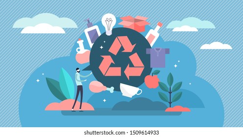 Recycle vector illustration. Flat tiny products second life person concept. Reuse plastic, paper and glass rubbish, waste and trash to save earth energy. Organic alternative resources saving lifestyle