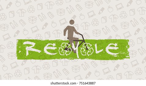 ReCycle vector illustration. Man with bicycle and recycle signs graphic design. Recyclable things (clothes, lamp, cardboard box, bottles, food, paper, packaging) line art pattern on the background.