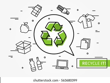 Recycle it vector illustration. Recyclable things: clothes, lamp, cardboard box, electronics, bottles, food, paper, etc.

