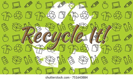 Recycle it vector illustration. Recyclable things (clothes, lamp, cardboard box, bottles, food, paper, packaging) line art pattern with recycle sign on the background. Recycle banner graphic design.