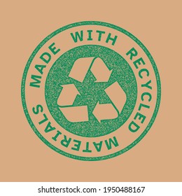 Símbolo del vector de reciclaje, hecho con materiales reciclados, efecto de sello