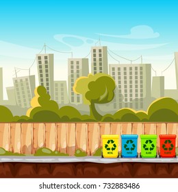 Recycle waste bins with cityscape background. Waste management concept. Recycle trash bin, separation and sorting container. Vector illustration