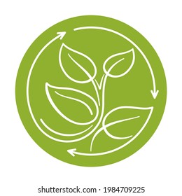 Recycle waste biomaterials and Biodegradable sticker - plant sprout turns ty circular arrows - eco friendly compostable material production - environment protection emblem