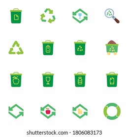 Recycle waste elements collection, recycling trash flat icons set, Colorful symbols pack contains - organic waste, plastic garbage, battery. Vector illustration. Flat style design