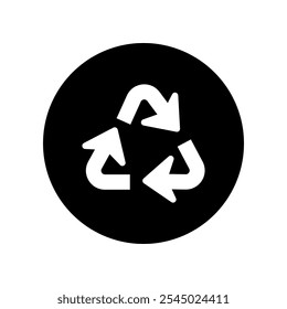 Recycle, waste, reuse vector symbol in black circle. Rotation arrow on white background. Flat recycling simple pictogram.	