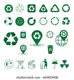 Recycle Waste Symbol Green Arrows Logo Set Web Icon Collection Vector Illustration