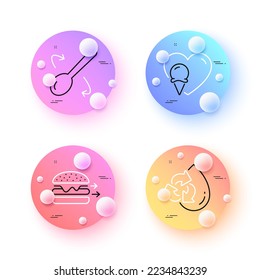 Recycle water, Food delivery and Ice cream minimal line icons. 3d spheres or balls buttons. Cooking spoon icons. For web, application, printing. Refill aqua, Cheeseburger, Sundae cone. Cutlery. Vector