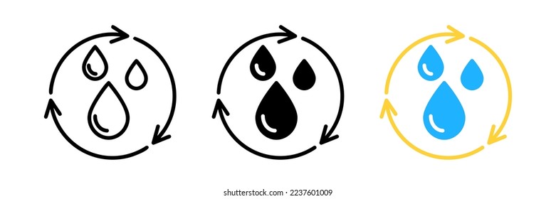 Icono de reciclaje de agua. El agua cae con dos flechas de sincronización. Icono de reciclaje de líquido redondo simple negro. Diseño plano del círculo de protección biológica del planeta