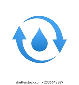 Recycle water icon. Water drop with 2 sync arrows. Single black round liquid recycle icon. Planet bio protection circle flat design. Isolated on white background. Vector illustration