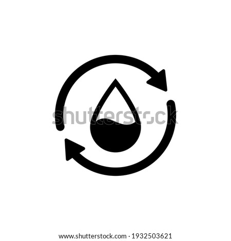 Recycle water icon. Water drop with 2 sync arrows. Single black round liquid recycle icon. Planet bio protection circle flat design