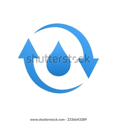 Recycle water icon. Water drop with 2 sync arrows. Single black round liquid recycle icon. Planet bio protection circle flat design. Isolated on white background. Vector illustration