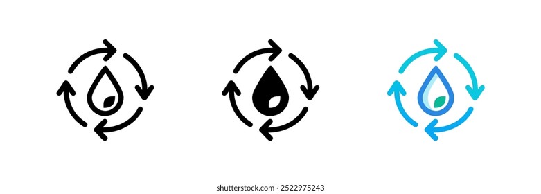 Recycle water icon set. Water drop with 4 sync arrows. Planet bio protection circle flat design