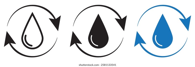 Recycle water icon set. Water drop with circular arrows for liquid renewal