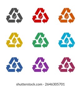 Icono de la hoja del agua del reciclaje aislado en el fondo blanco. Establecer iconos de colores