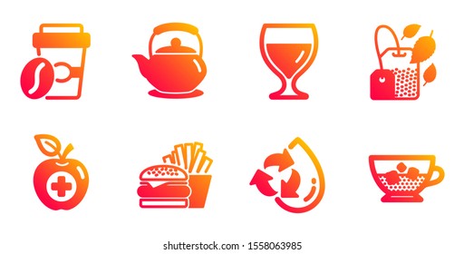 Recycle water, Mint bag and Burger line icons set. Teapot, Wine glass and Takeaway coffee signs. Medical food, Cold coffee symbols. Refill aqua, Mentha tea. Food and drink set. Vector