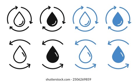 Reciclar el conjunto de iconos de Vector de agua. Ilustración vectorial de recarga de agua. Guardar o reutilizar el letrero de agua para los diseños de Ui.