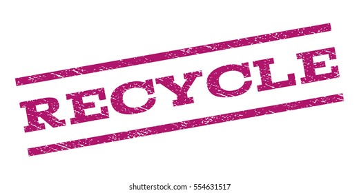 Recycle watermark stamp. Text caption between parallel lines with grunge design style. Rubber seal stamp with scratched texture. Vector purple color ink imprint on a white background.