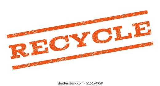 Recycle watermark stamp. Text tag between parallel lines with grunge design style. Rubber seal stamp with dirty texture. Vector orange color ink imprint on a white background.