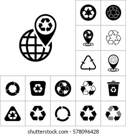 recycle world pin location icon on white background, recycling set