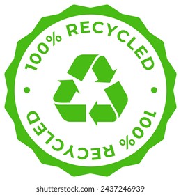 Recycled 100 label vector icon illustration for product package. Made from recycled materials green logo, symbol, badge, tag or emblem isolated. Zero waste plastic stamp, seal, sticker, mark or tag.