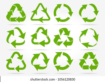 Recycled arrows. Green reusable arrow icons, eco recycle or recycling vector signs isolated on white background