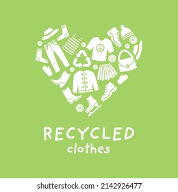 Recycled clothes vector illustration. Clothing icons in heart shape. Eco label.