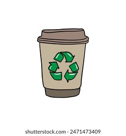 Recycled coffee mugs, Ecology and recycle concept. white background, Activities for environmental protection. Vector flat illustrations, Line art illustration.