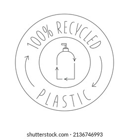 Recycled cosmetic plastic bottle - eco packaging icon. Vector stock illustration isolated on white background for label, wrapping, package. Editable stroke. EPS10