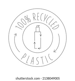 Recycled cosmetic plastic bottle - eco packaging icon. Vector stock illustration isolated on white background for label, wrapping, package. Editable stroke. EPS10