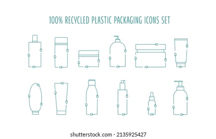 Recycled cosmetic plastic bottles set - eco packaging icon. Vector stock illustration isolated on white background for label, wrapping, package. EPS10