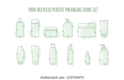 Recycled cosmetic plastic bottles set - eco packaging icon. Vector stock illustration isolated on white background for label, wrapping, package. EPS10