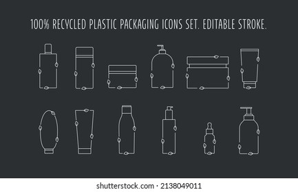 Recycled cosmetic plastic bottles set - eco packaging icon. Vector stock illustration isolated on black chalkboard background for label, wrapping, package. EPS10