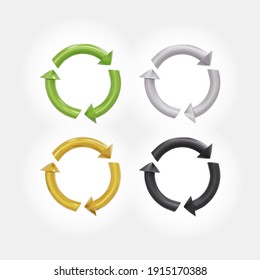 Recycled Cycle Arrows Icon Set. Recycling And Rotation Arrow Green, Golden, Black And Silver Icon Pack. Realistic Recycled Eco Icon 3d. Vector Illustration. Isolated On White Background.