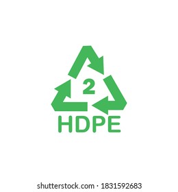Recycled design in flat style. Recycle code number two. It is stiff, strong, hard, opaque, more resistant to high temperatures, and easy to recycle. Commonly found in commercial beverage containers.