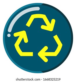 Recycled design isolated with blue glass circle, yellow recycled flat design, recycled vector design, flat vector design, blue recycled vector with white outline