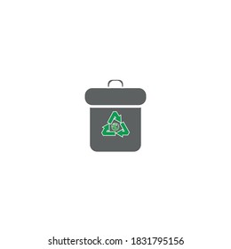 Recycled design with a minimalist flat style on the trash box. Green color with earth in the middle and white background. Triangle.